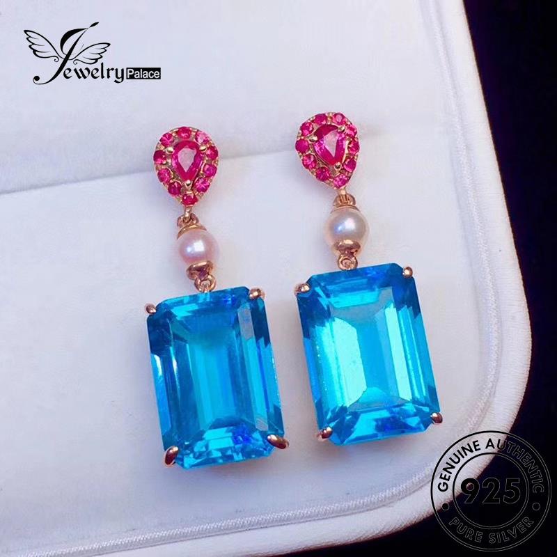 Jewelrypalace Anting Persegi Asli Sapphire Stud Gold Wanita Perak925 E936