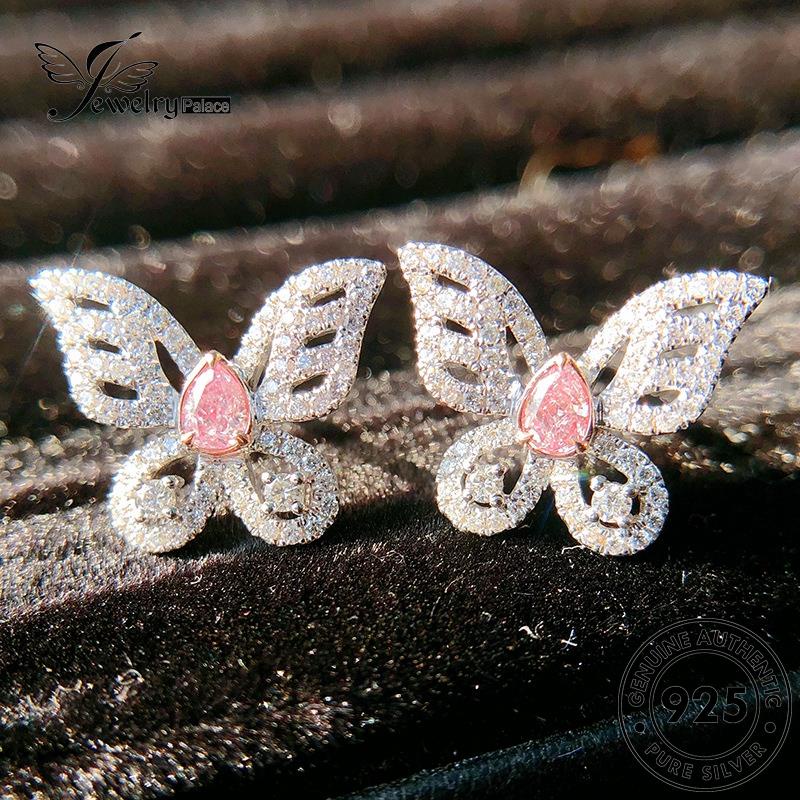 Jewelrypalace Anting Tusuk Kupu Pink Kristal Asli Wanita925 Perak Berlian E887