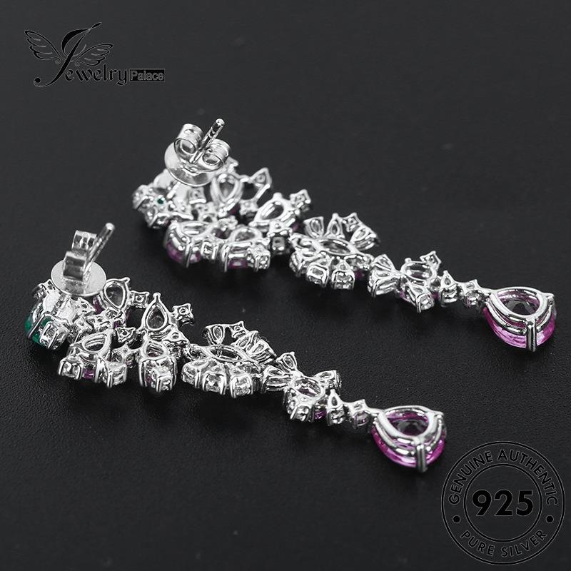 Jewelrypalace Stud Wanita Anting Perak Panjang Bunga Korundum925 Asli Emerald E1052