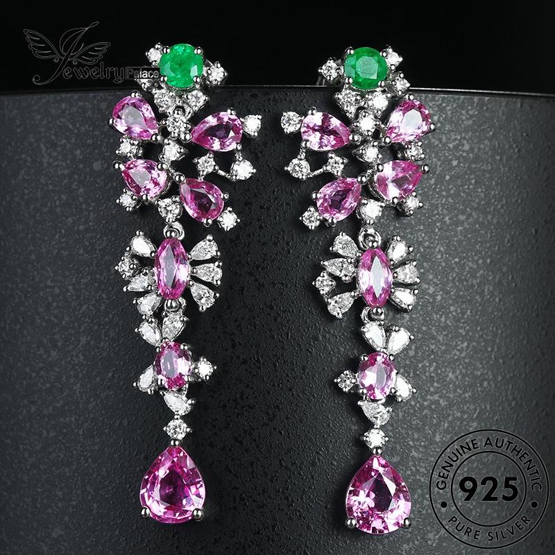 Jewelrypalace Stud Wanita Anting Perak Panjang Bunga Korundum925 Asli Emerald E1052