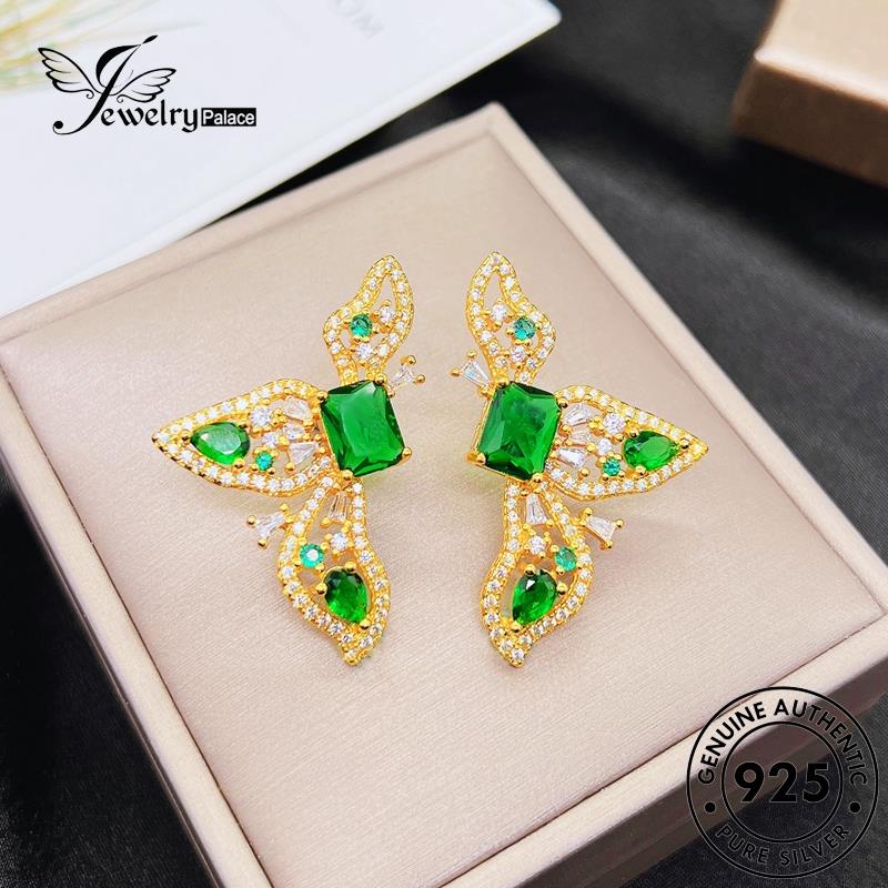 Jewelrypalace Anting Asli Dasi Kupu Stud Wanita Emerald Perak925 Gold E1166