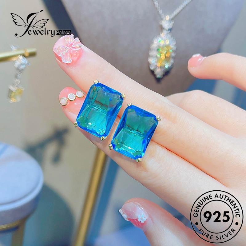 Jewelrypalace Anting Tusuk Perak925 Asli Persegi Wanita Aquamarine E1300