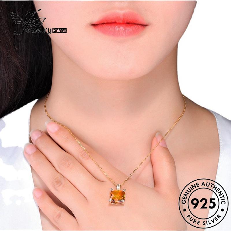 Perhiasantempat Wanita Citrine Emas Asli Berlian925 Kalung Perak Fashion Square N526