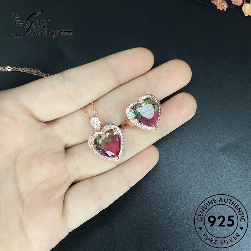 Jewelrypalace Love Asli Simple Wanita Set Berlian Kristal Kalung Pink Perak925 S12