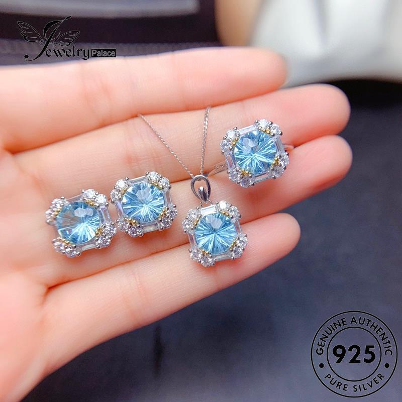 Jewelrypalace Kalung925 Wanita Asli Set Perak Kotak Aquamarine Creative S116