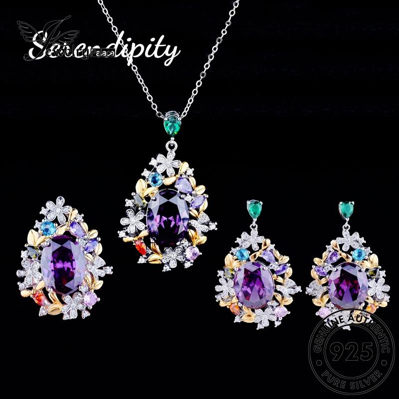 Tempat Perhiasan925 Wanita Kalung Perak Asli Amethyst Set Mewah S279