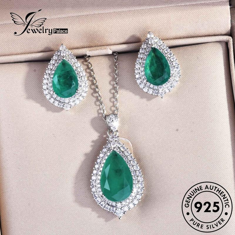 Perhiasantempat Wanita Kalung Set Perak925 Asli Emerald Mewah S444