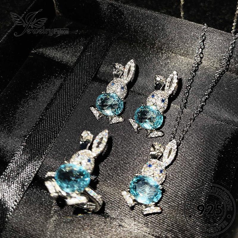 Tempat Perhiasan Wanita Asli Set Kalung Perak925 Aquamarine Bunny Cute S431