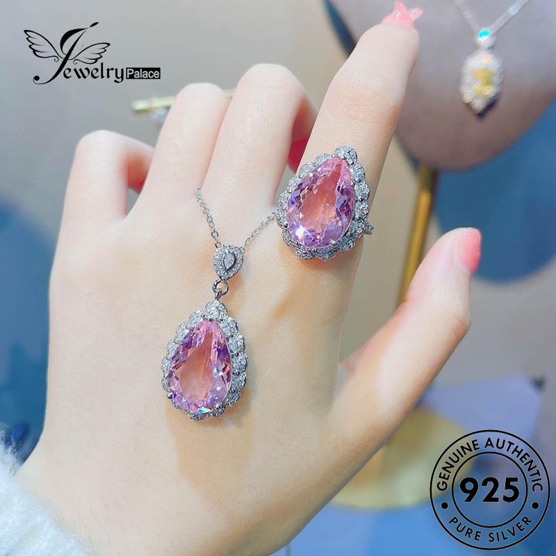 Jewelrypalace Perak925 Wanita Kalung Pink Kristal Drop Set Bentuk Berlian Asli S598