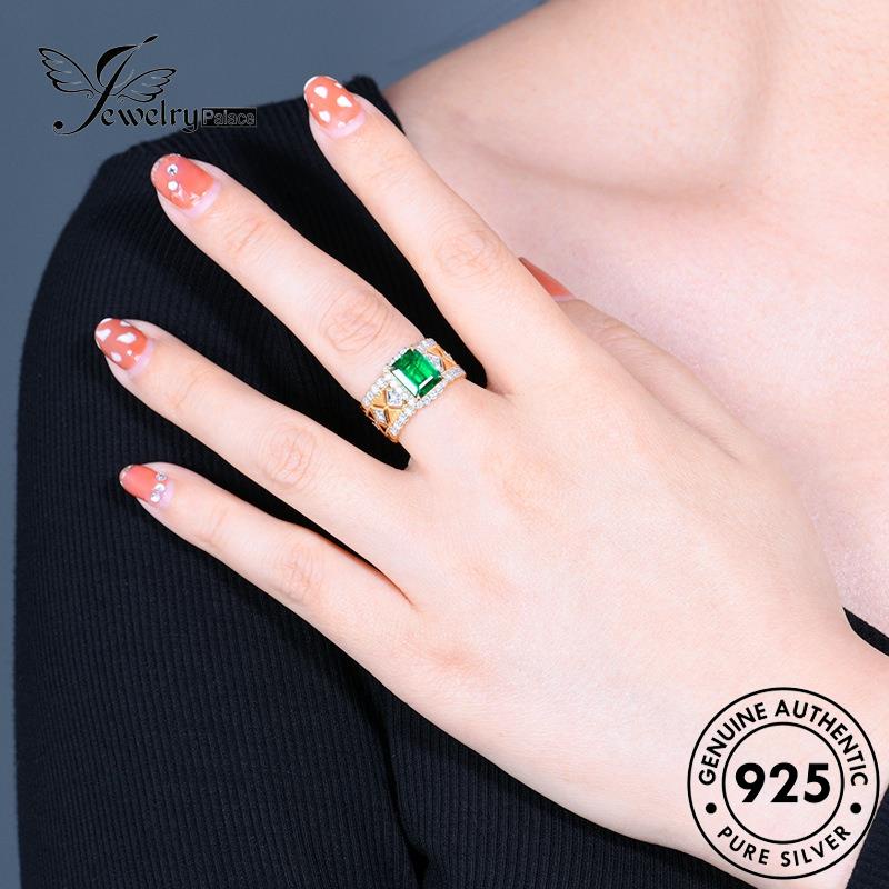 Jewelrypalace Emas Wanita Asli Persegi Kepribadian925 Cincin Perak Zamrud R854