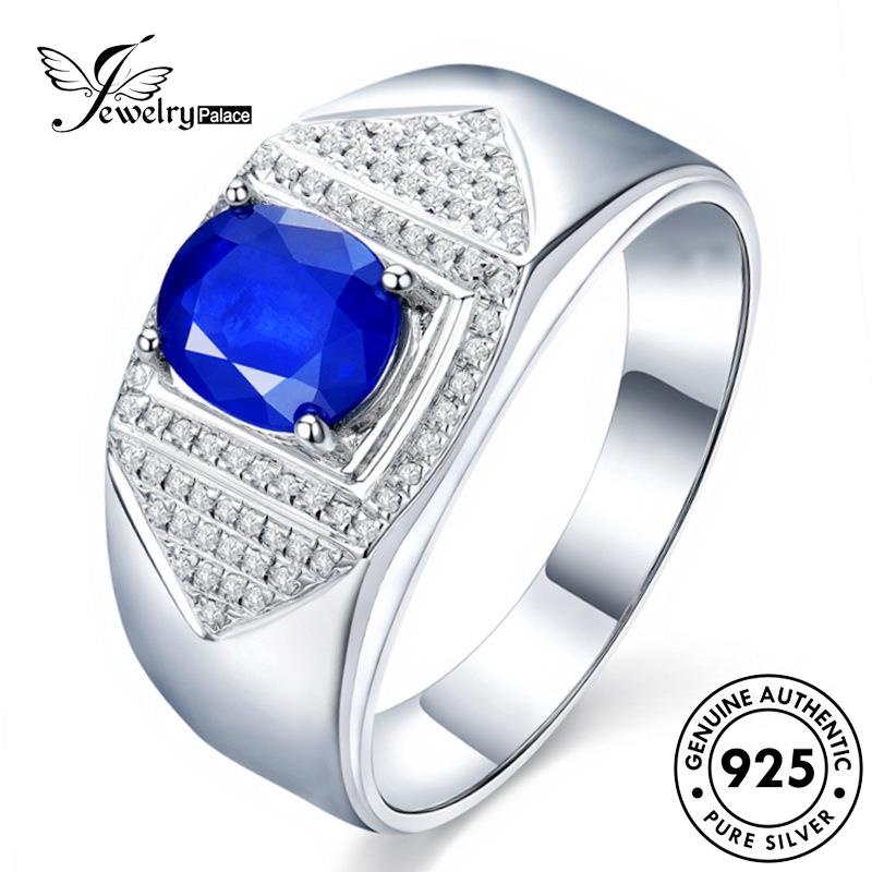 Jewelrypalace925 Sapphire Oval Cincin Kepribadian Perak Asli Pria R999