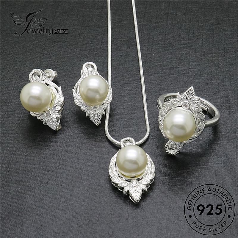 Perhiasanpalace Asli Kalung Set925 Daun Perak Wanita Mutiara S47