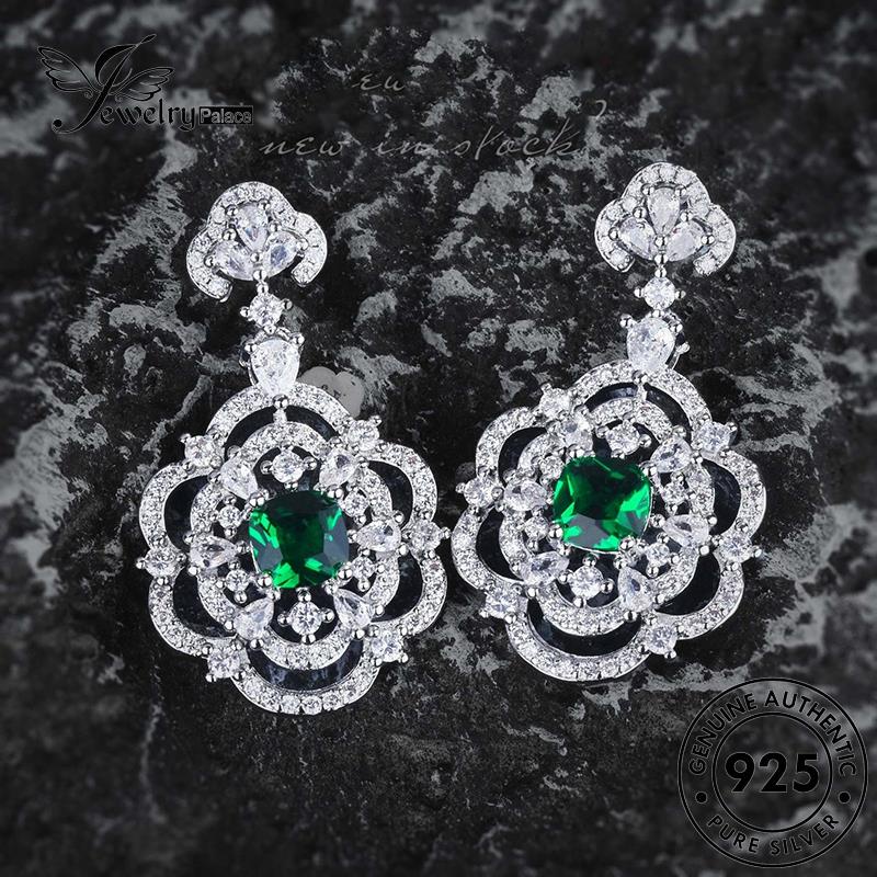 Jewelrypalace 925anting Bunga Wanita Emerald Perak The Stud Asli E1326