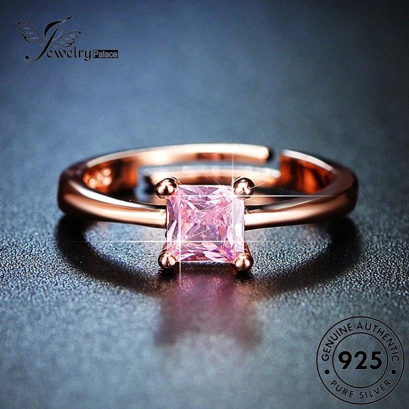 Jewelrypalace Berlian925 Gold Pink Wanita Cincin Perak Asli Persegi Simple Kristal R447