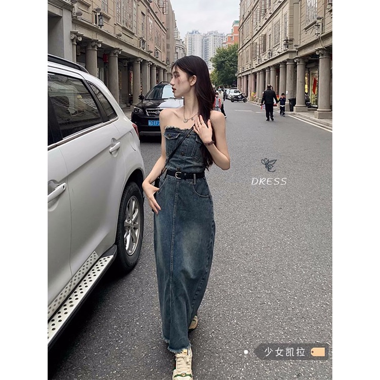 Red French tube top denim dress wanita musim panas baru high-end pinggang A-line tas rok pinggul rok panjang hot girl rok