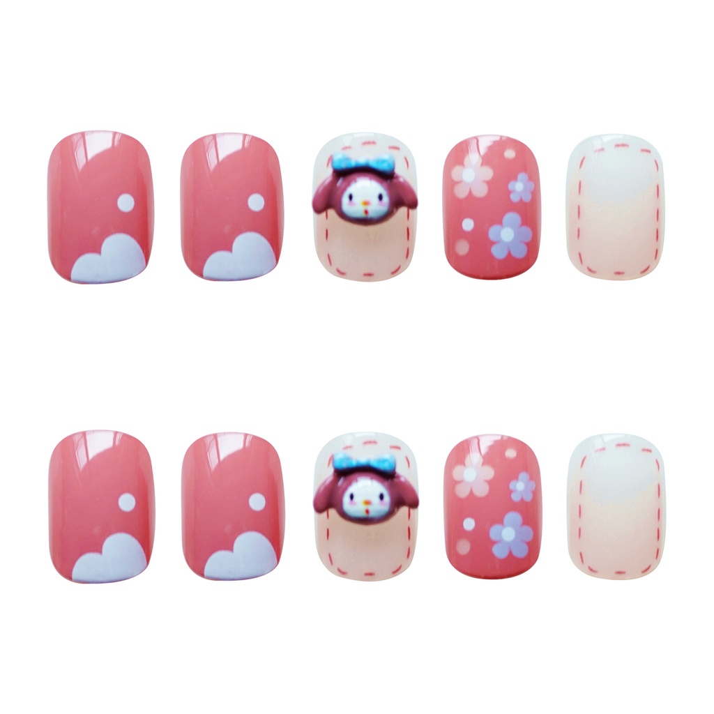 24pcs/set Kuku Palsu DIY Kuku Palsu Pendek Lucu Kartun Gadis Kecil Nail Art Tips Dengan Jelly Gel