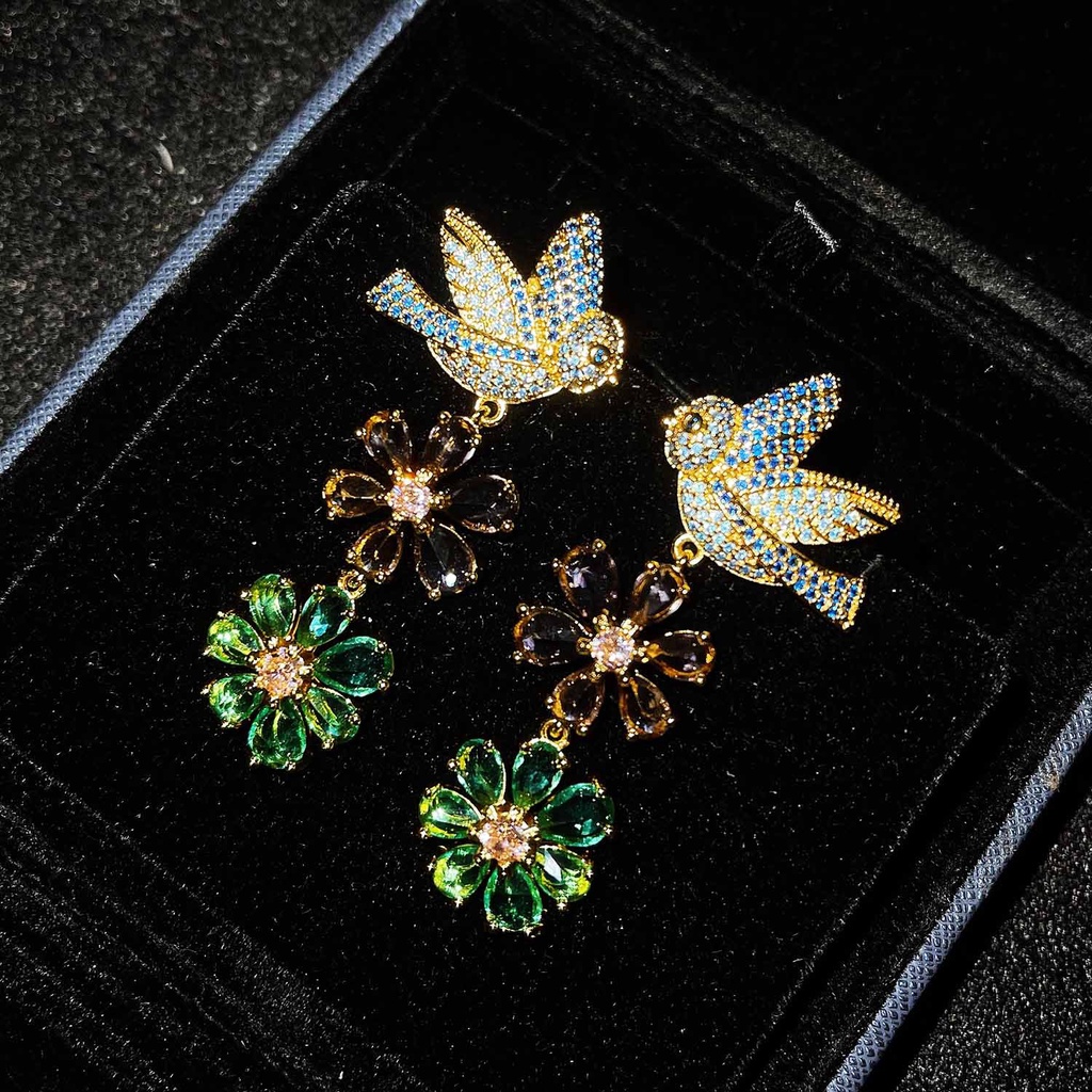 Goldkingdom Aksesoris Perhiasan Fashion Ready Stock Anting Bunga Vintage Kelopak Berlian Heavy Duty Dengan Micro Full Diamond Bird Earrings