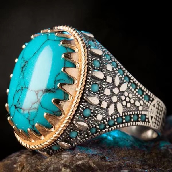 Pola Retro Turquoise Pria Cincin Pria Keren Zirkon Cincin Trendi Pria Single Ring