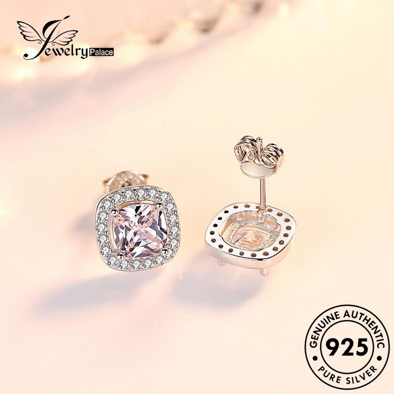 Jewelrypalace Wanita Anting Perak925 Kristal Stud Berlian Persegi Kepribadian Asli Pink E99