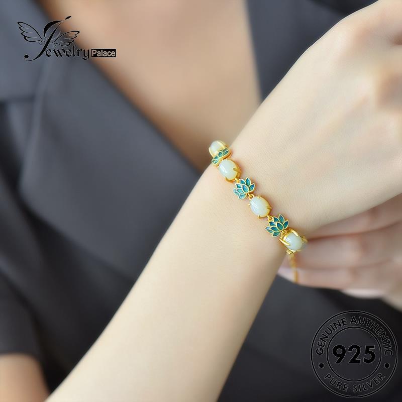 Jewelrypalace Enamel Perak Asli Wanita Lotus Gelang Giok925 B517