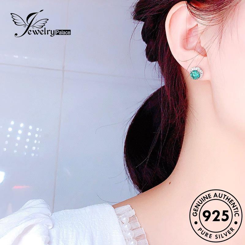 Jewelrypalace925 Anting Giwang Wanita Bulat Zamrud Stud Perak Asli E817