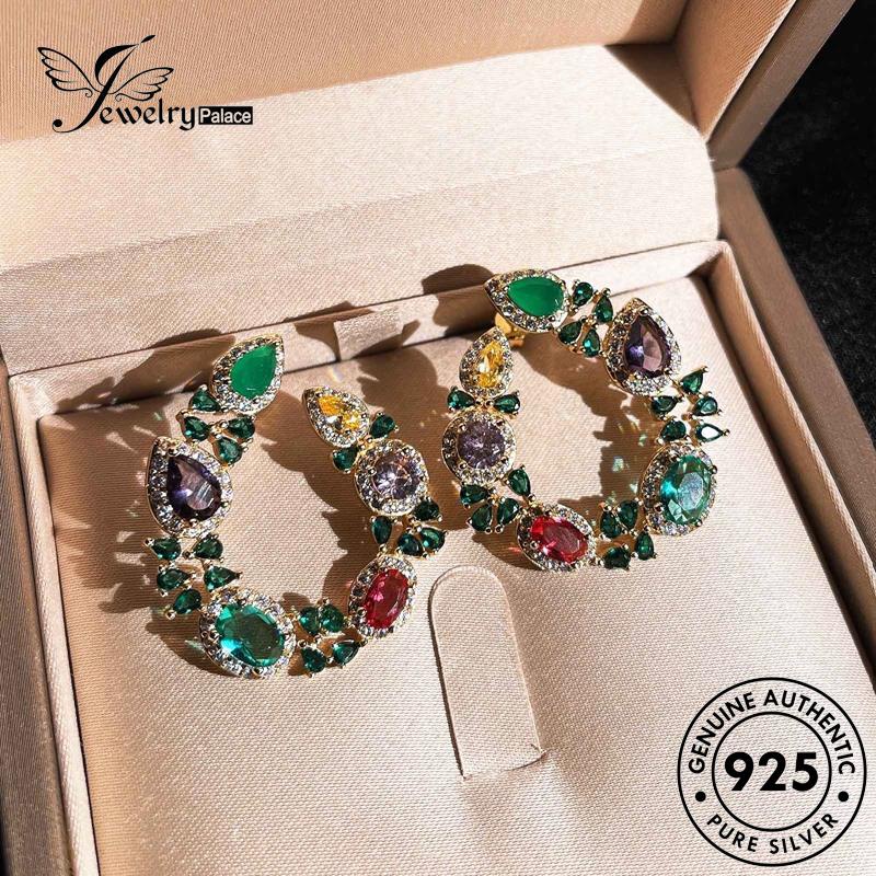 Perhiasanpalace Perak Wanita Emas925 Bulat Anting Asli Emerald Stud E822