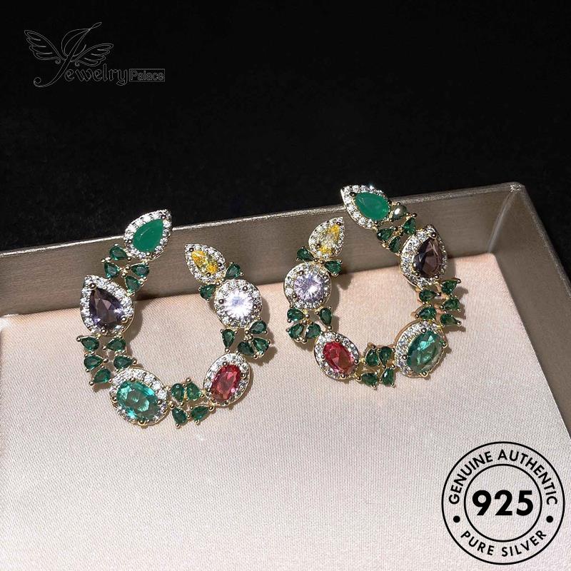 Perhiasanpalace Perak Wanita Emas925 Bulat Anting Asli Emerald Stud E822