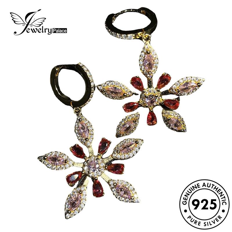 Jewelrypalace Snowflake Berlian Emas Asli Anting Hoop Silver Pink Kristal925 Wanita E839