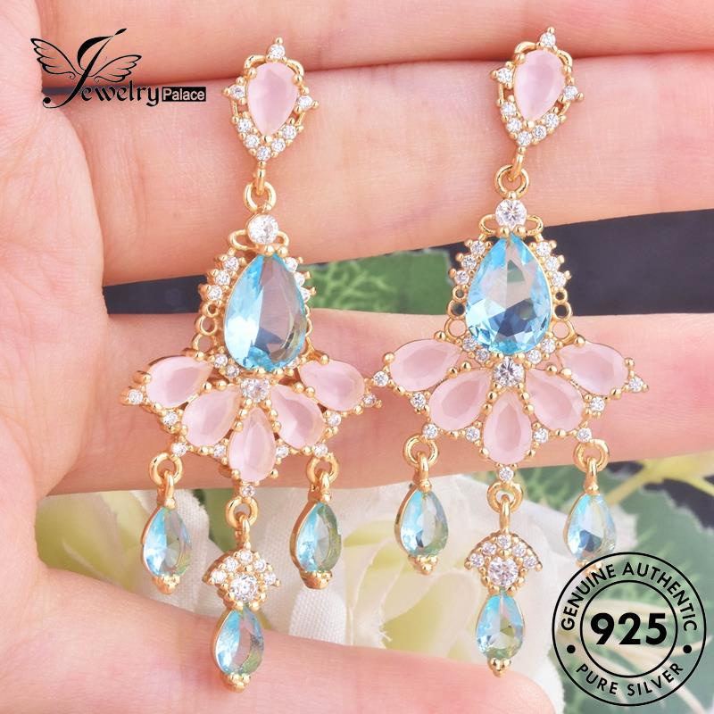 Jewelrypalace925 Asli Aquamarine Anting Tusuk Bentuk Drop Wanita Emas Perak E1060