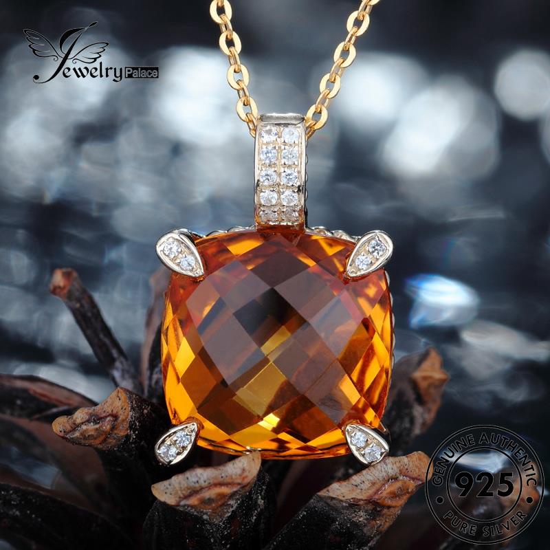 Perhiasantempat Wanita Citrine Emas Asli Berlian925 Kalung Perak Fashion Square N526