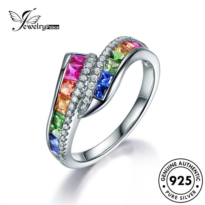 JEWELRYPALACE Kawin Personality Perak Aksesori Sterling Silver Asli Original Silver Wanita Rainbow Cincin 925 Sapphire korea Perhiasan Murni Nikah R92