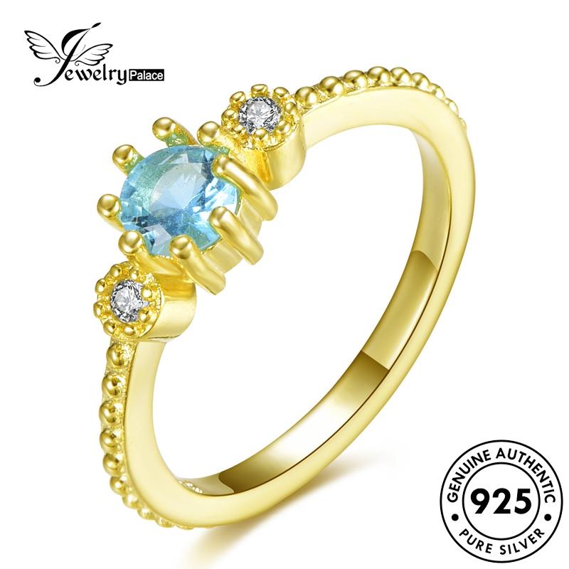 JEWELRYPALACE Wanita Original Sterling Gold Nikah Cincin Murni Perak Kawin Fashion Asli korea Aquamarine Aksesori Perhiasan 925 Silver Silver R352