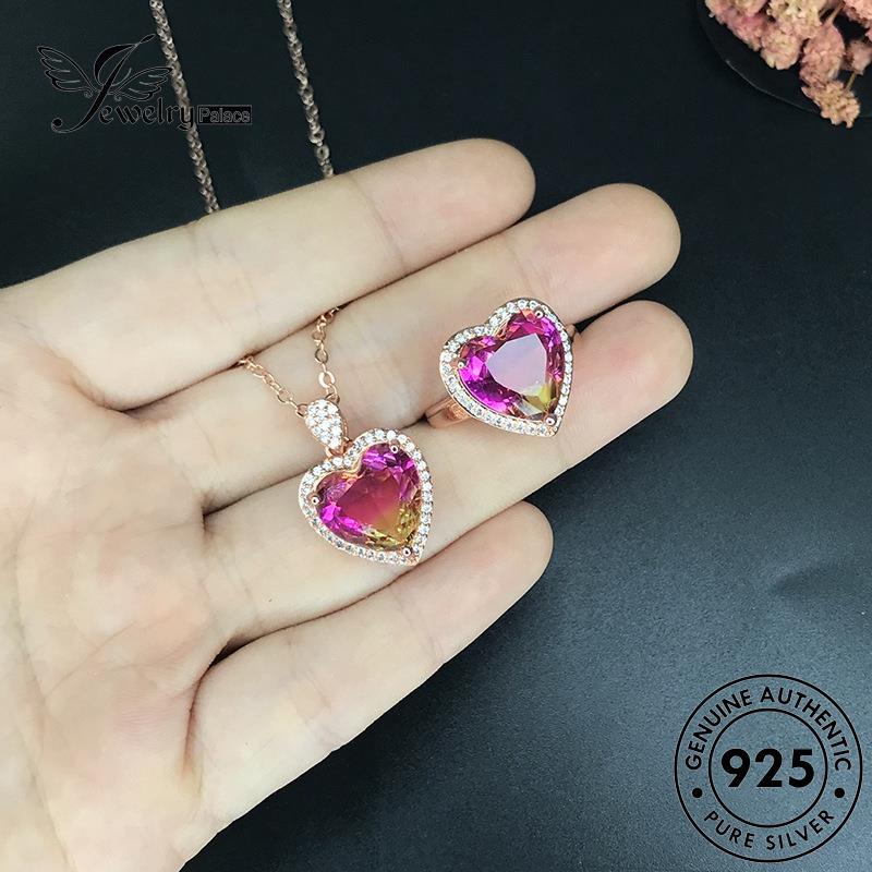 Jewelrypalace Love Asli Simple Wanita Set Berlian Kristal Kalung Pink Perak925 S12
