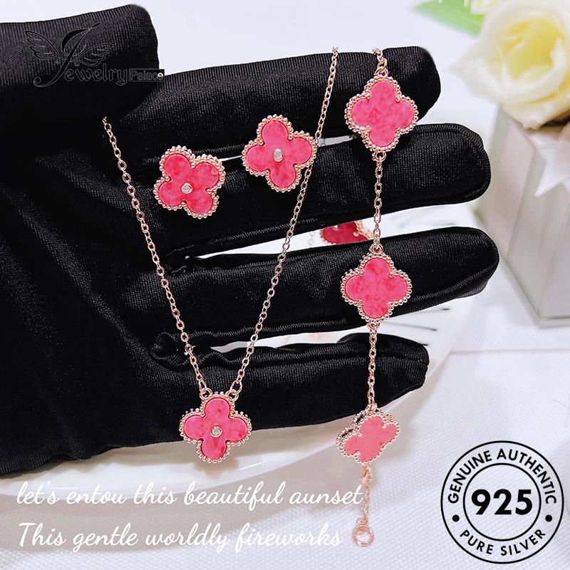 Jewelrypalace925 Emas Kristal Silver Pink Clover Lucu Wanita Berlian Set Asli Kalung Empat Daun S242