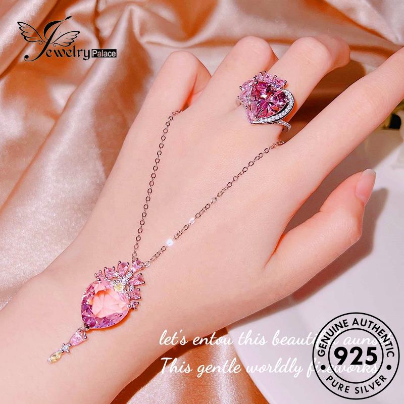 Jewelrypalace Set Hati Asli Kalung Lucu Berlian Kristal Wanita Silver Pink925 S287