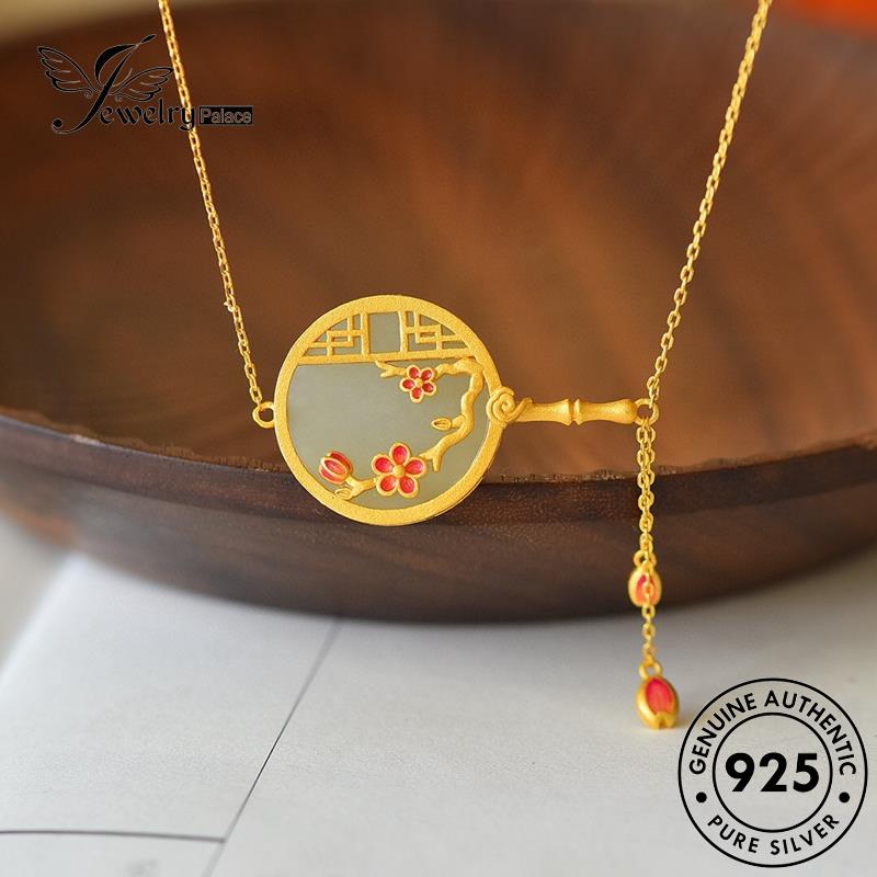 Set Perhiasanpalace Asli Wanita Perak Retro Kalung Giok Kipas925 S297