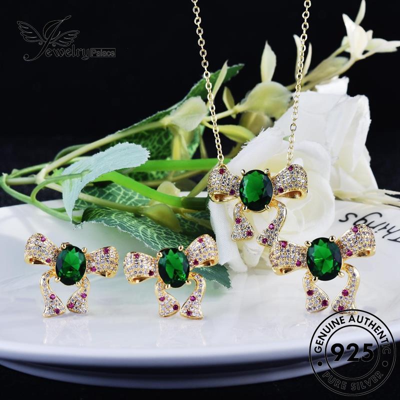 Jewelrypalace 925set Fashion Wanita Emerald Original Kalung Busur Perak S366