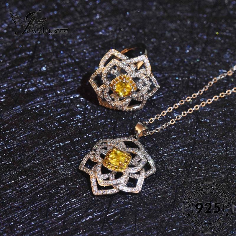 Jewelrypalace925 Wanita Perak Rose Citrine Hollow Kalung Set Asli S424