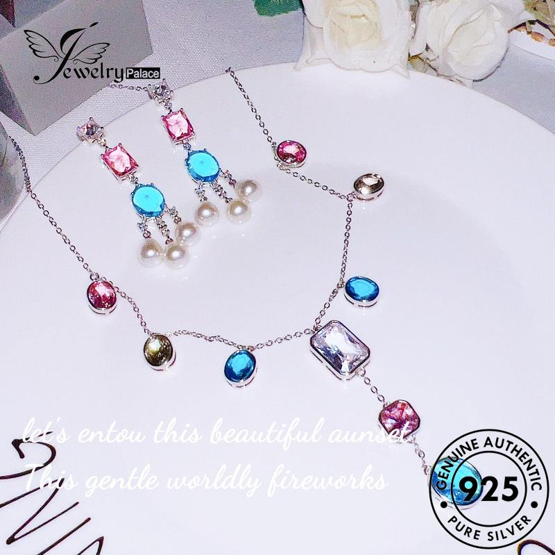 Perhiasantempat Wanita Kalung Set Asli Manis925 Perak Aquamarine S461