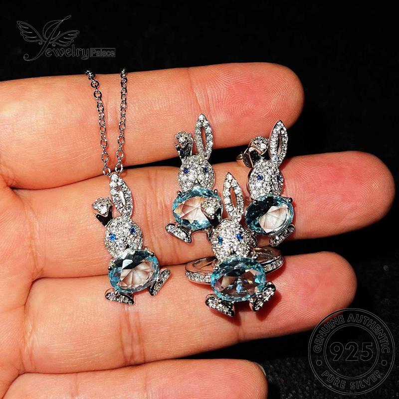 Tempat Perhiasan Wanita Asli Set Kalung Perak925 Aquamarine Bunny Cute S431