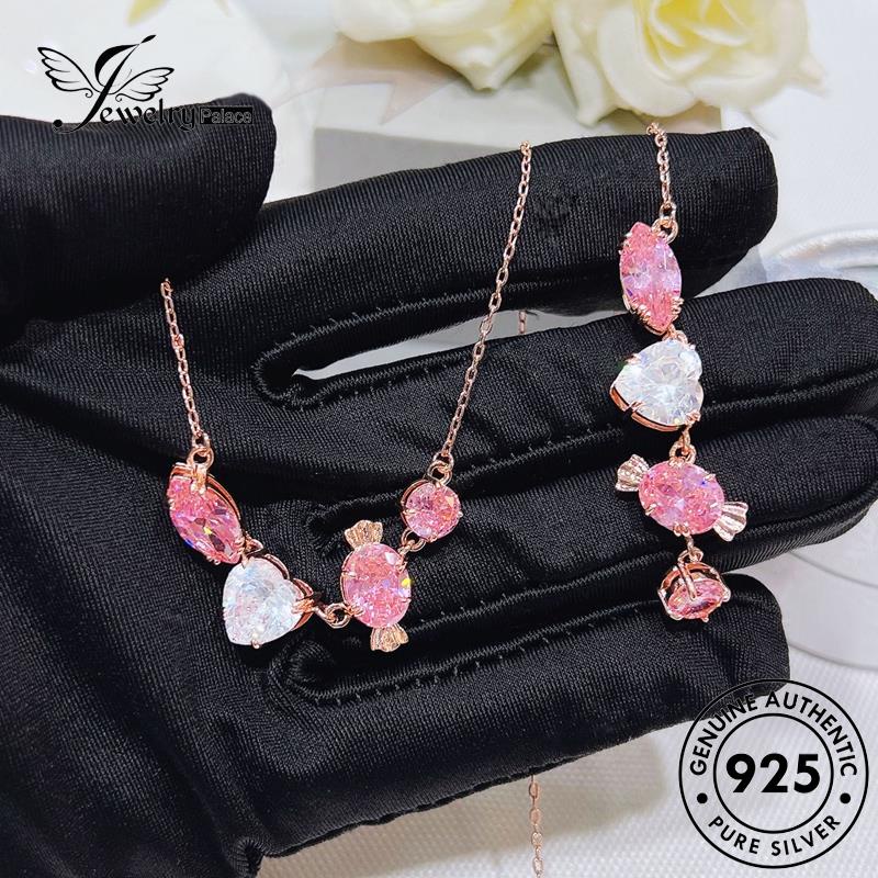 Jewelrypalace Set Kristal Pink Wanita Kalung925 Berlian Perak Asli Candy S476