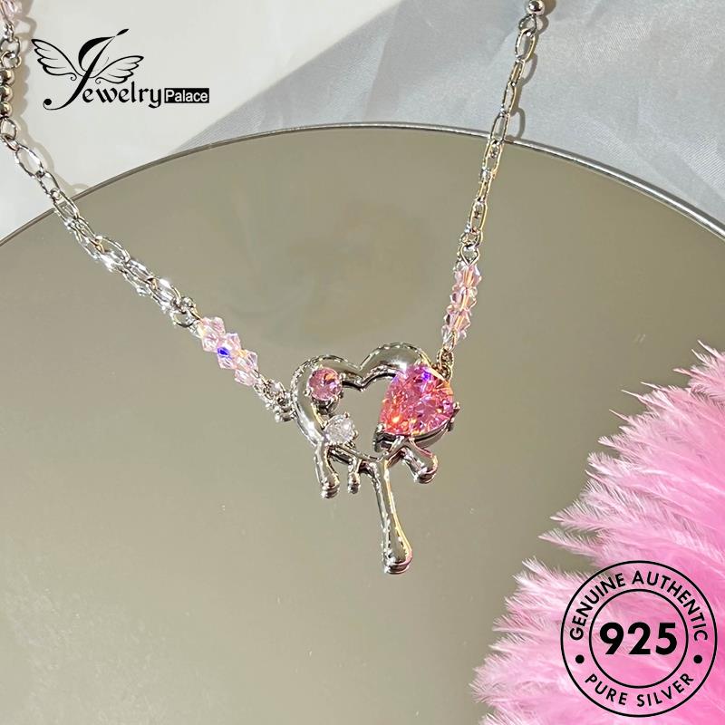 Jewelrypalace925 Set Wanita Pink Kalung Perak Love Asli Kristal Berlian S521