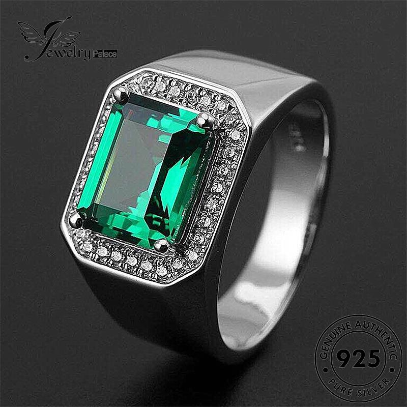 Tempat Perhiasan Pria Kotak Perak925 Asli Zamrud Cincin Fashion R134