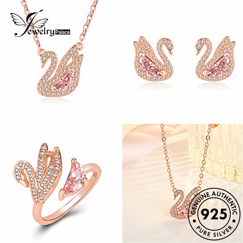 Jewelrypalace Asli Wanita Pink Perak925 Set Berlian Kristal Kalung Emas Swan S6