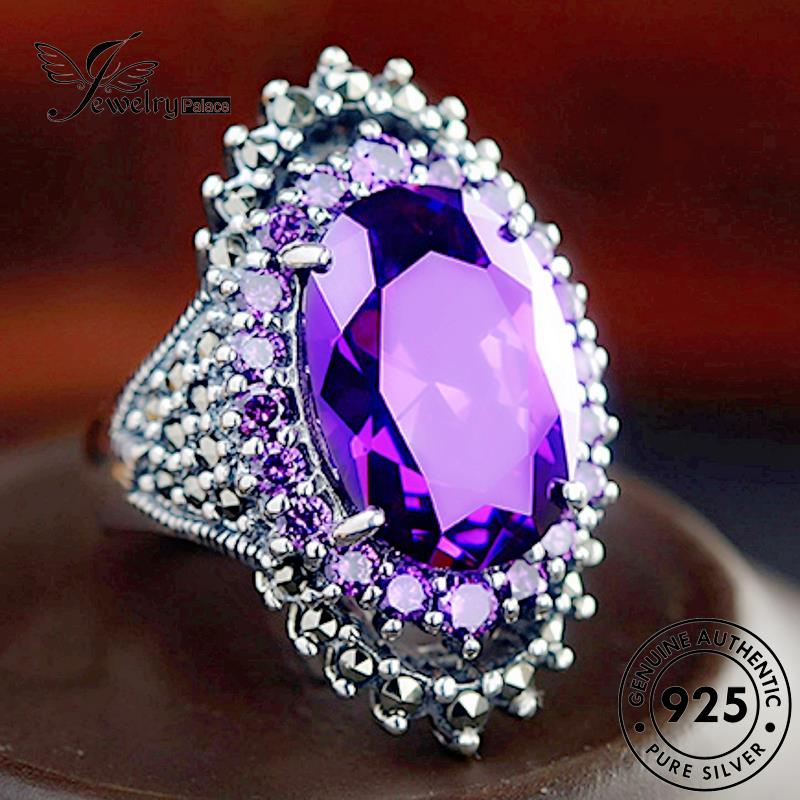 Tempat Perhiasan Wanita Vintage Perak Asli925 Cincin Amethyst R1704