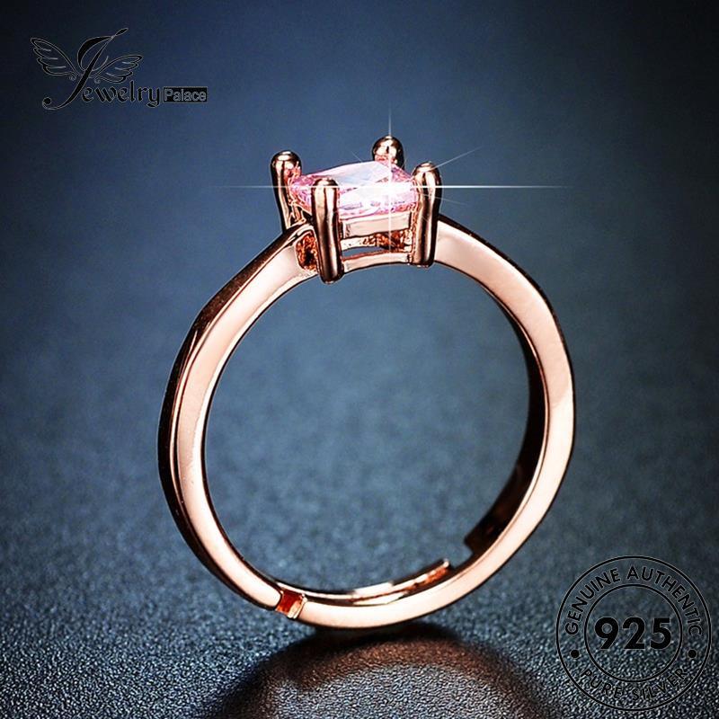 Jewelrypalace Berlian925 Gold Pink Wanita Cincin Perak Asli Persegi Simple Kristal R447