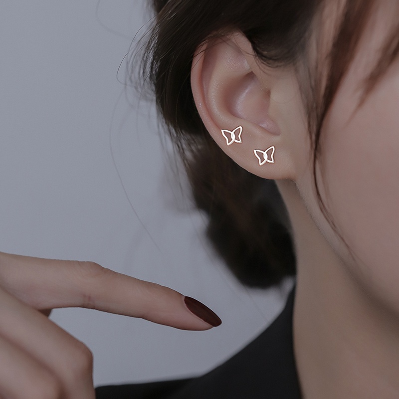 Ifyou Anting Simple Butterfly Silver Anting Tusuk Hollow Lucu Untuk Perhiasan Aksesoris Wanita