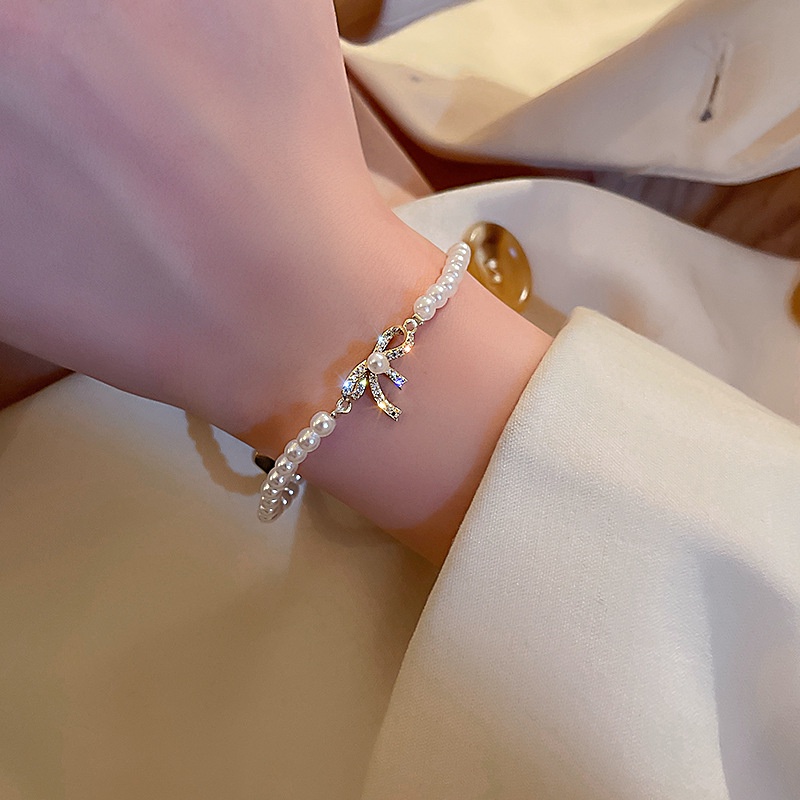 Yeezii Sweet Bow Bracelet Untuk Wanita Mutiara Manik-Manik Emas Gelang Aksesoris Perhiasan