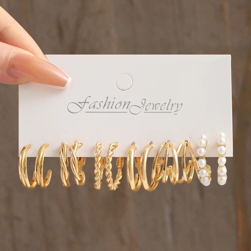 Ifyou Retro Mutiara Kupu-Kupu Hoop Earrings Set Fashion Kristal Rumbai Emas Stud Earrings Untuk Wanita Perhiasan Aksesoris