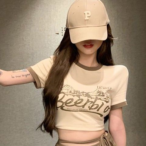 Red Ins Eropa dan Amerika retro warna kontras jahitan pencetakan rasa desain tali lengan pendek lengan pendek wanita ceruk hot gadis T-shirt pendek ketat